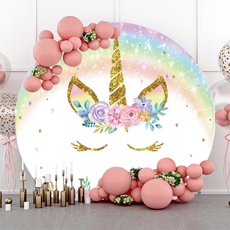 Aperturee - White Rainbow Unicorn Floral Round Birthday Backdrop