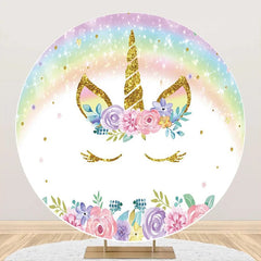 Aperturee - White Rainbow Unicorn Floral Round Birthday Backdrop