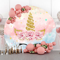 Aperturee - Unicorn Sparkle Pink Rose Round Birthday Backdrop