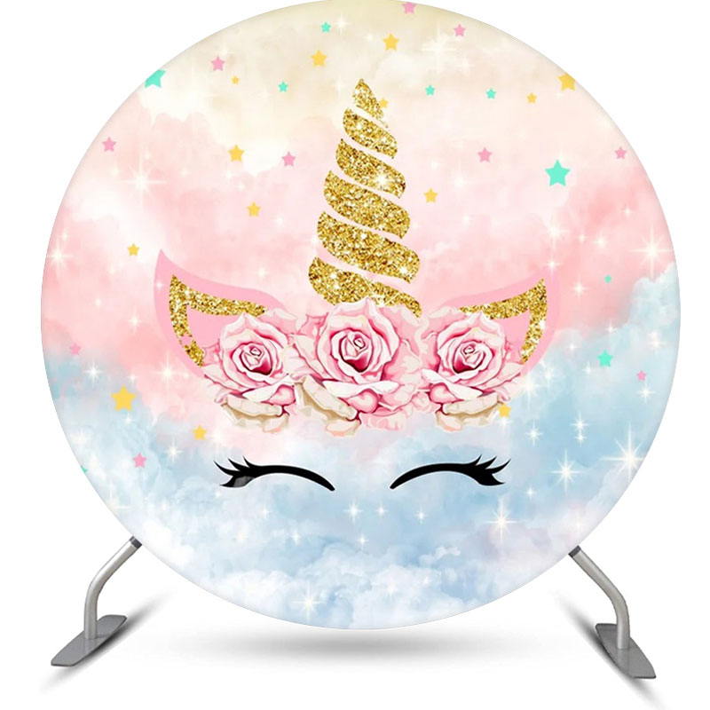 Aperturee - Unicorn Sparkle Pink Rose Round Birthday Backdrop