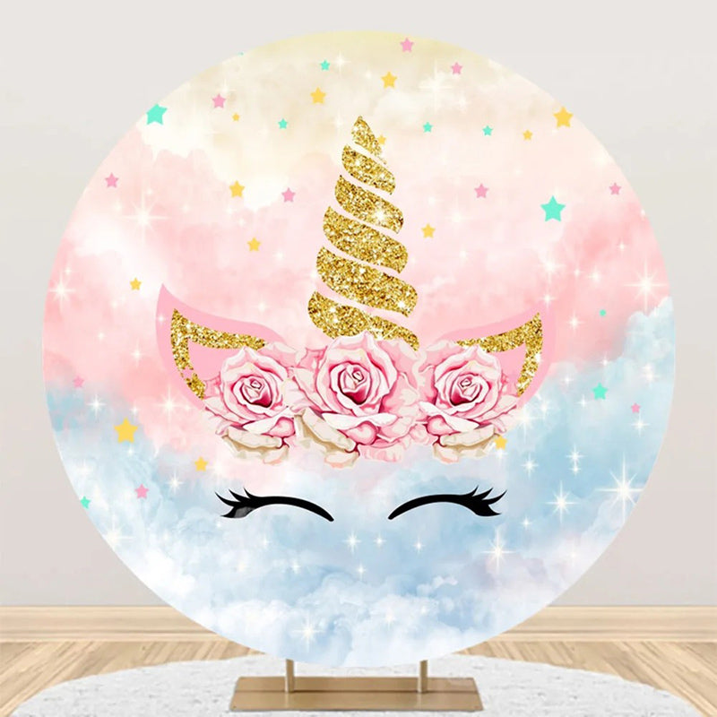 Aperturee - Unicorn Sparkle Pink Rose Round Birthday Backdrop