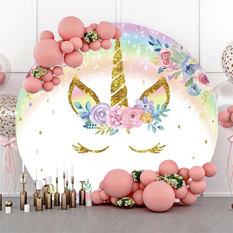 Aperturee - Round White Rainbow Floral Unicorn Birthday Backdrop