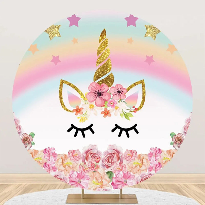 Aperturee - Round Star Rainbow Unicorn Floral Birthday Backdrop