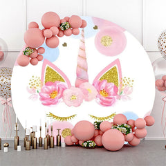 Aperturee - White Blue Pink Gold Unicorn Round Birthday Backdrop