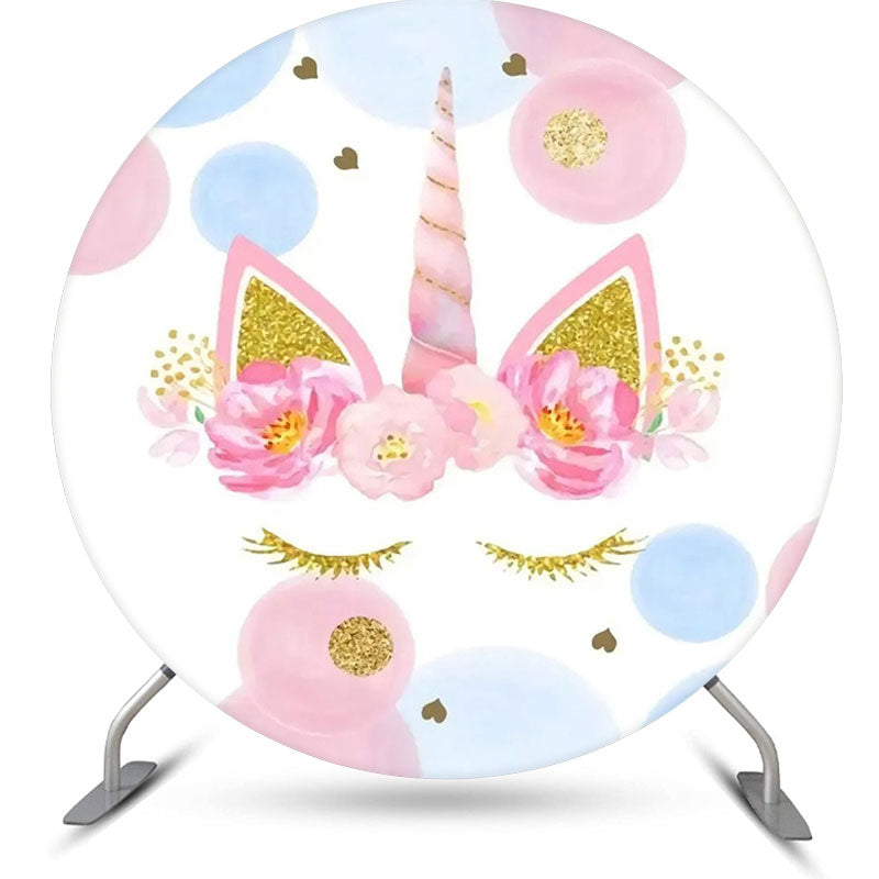 Aperturee - White Blue Pink Gold Unicorn Round Birthday Backdrop