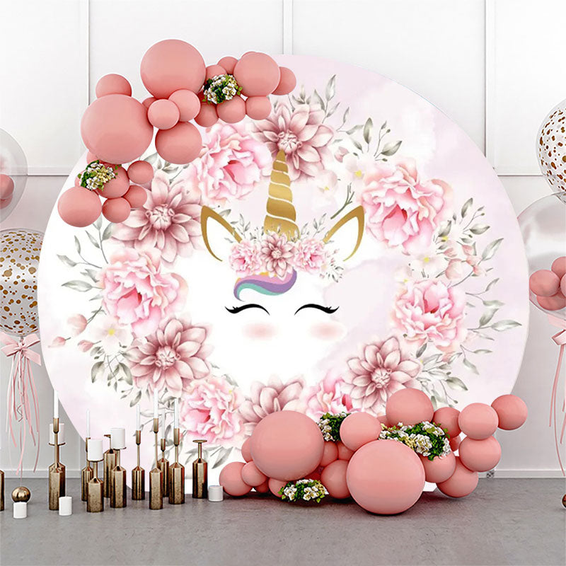 Aperturee - White Pink Floral Unicorn Round Birthday Backdrop