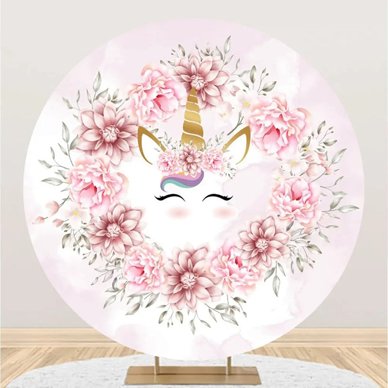 Aperturee - White Pink Floral Unicorn Round Birthday Backdrop