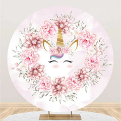 Aperturee - White Pink Floral Unicorn Round Birthday Backdrop