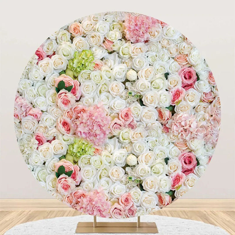 Aperturee - Round Dense White Pink Green Floral Wedding Backdrop