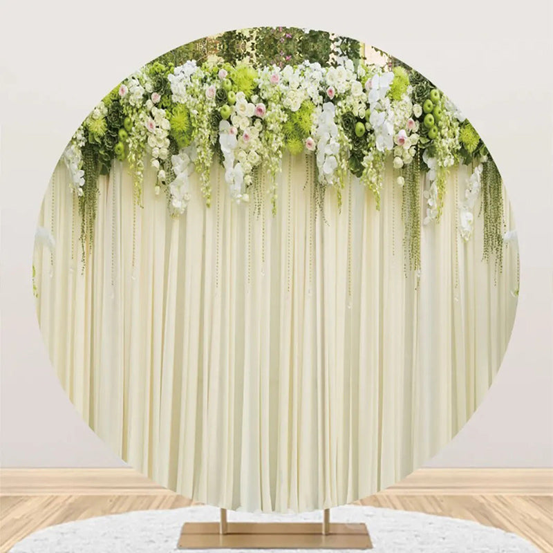 Aperturee - White Floral Leaves Curtain Round Wedding Backdrop