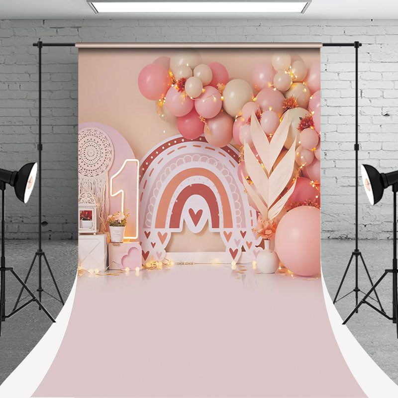 Aperturee - Pink Balloon 1St Birthday Sweep Cake Smash Backdrop