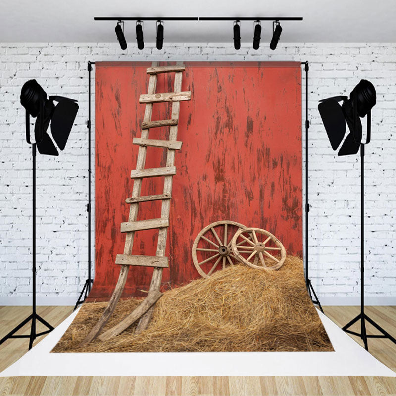 Aperturee - Wooden Ladder Wheel Straw Red Wall Photo Backdrop