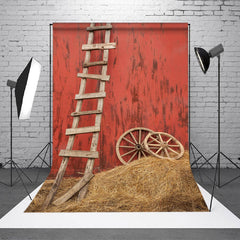 Aperturee - Wooden Ladder Wheel Straw Red Wall Photo Backdrop