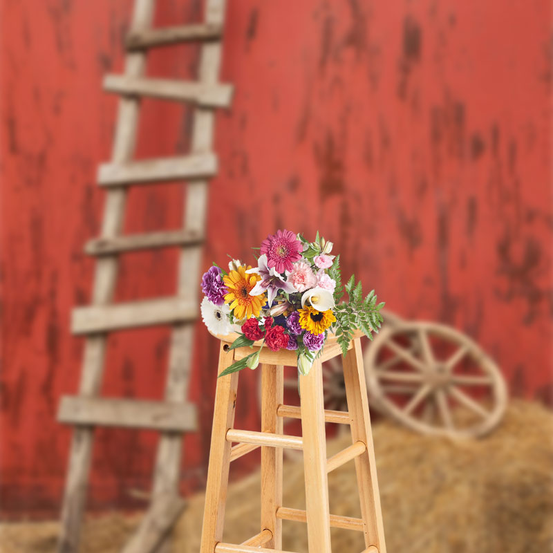 Aperturee - Wooden Ladder Wheel Straw Red Wall Photo Backdrop