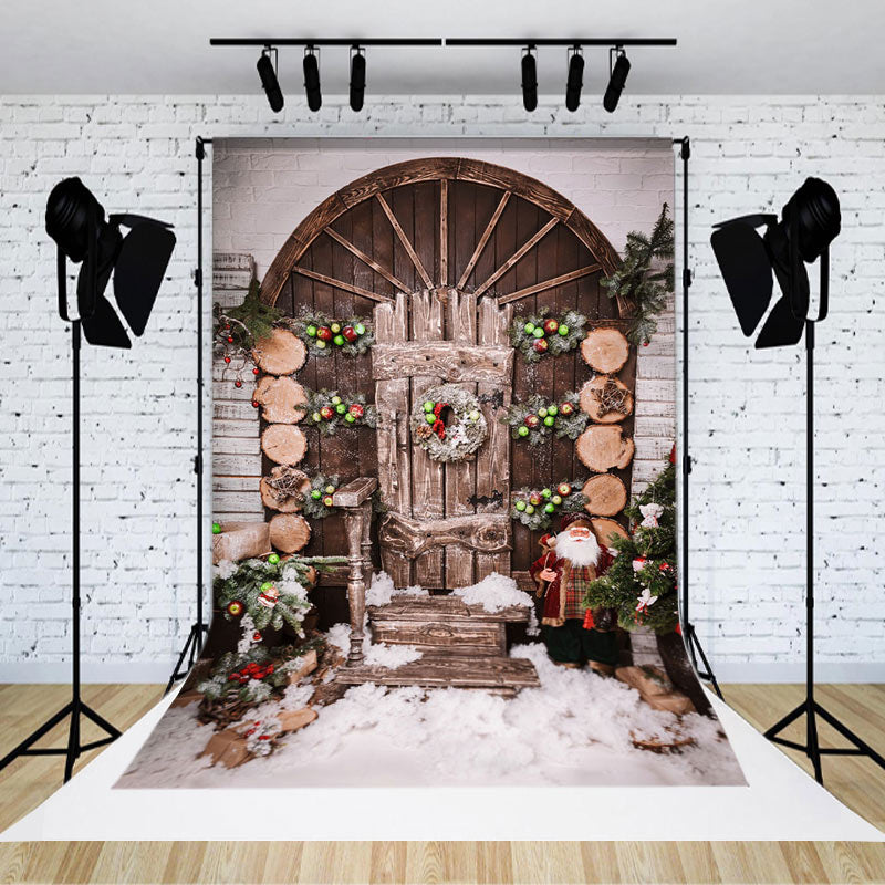 Aperturee - Aperturee Wooden Door Christmas Snow Scene Photo Backdrop