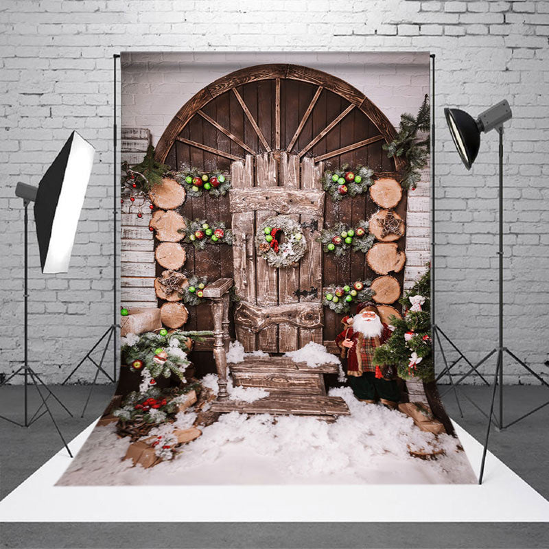 Aperturee - Aperturee Wooden Door Christmas Snow Scene Photo Backdrop