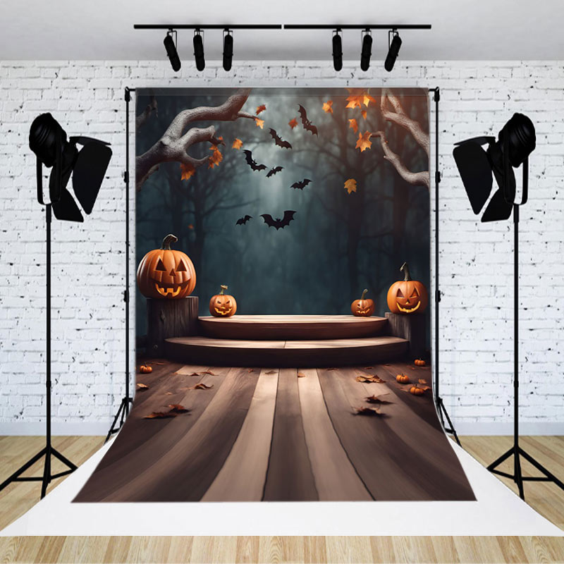 Aperturee - Wooden Forest Pumpkin Lantern Halloween Backdrop