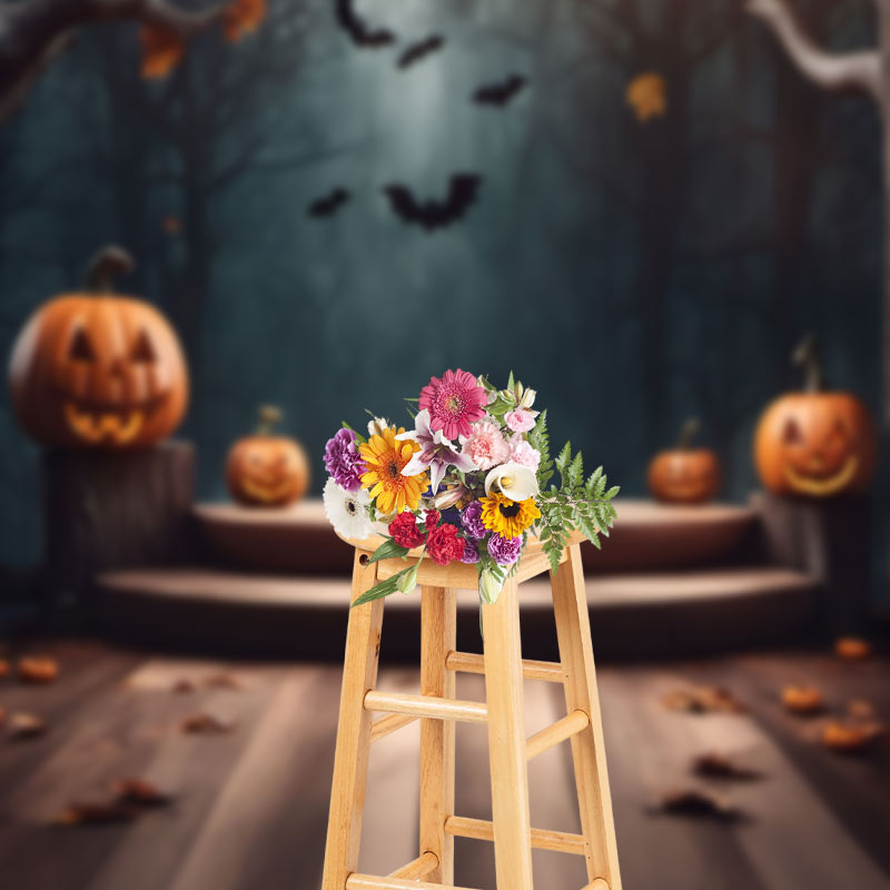 Aperturee - Wooden Forest Pumpkin Lantern Halloween Backdrop