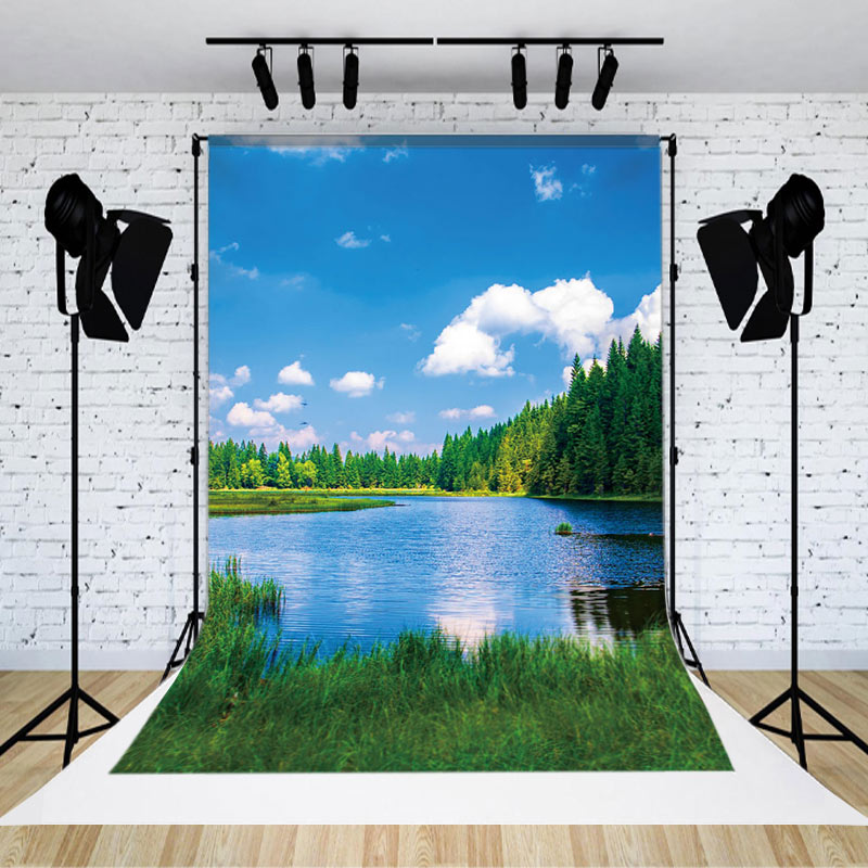 Aperturee - Blue Sky Clear Lake Green Forest Scenery Backdrop