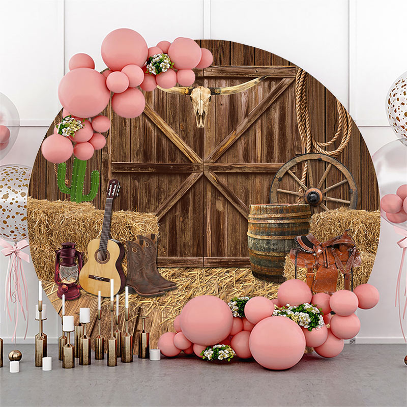 Aperturee - Western Cowboy Wooden Barn Round Birthday Backdrop