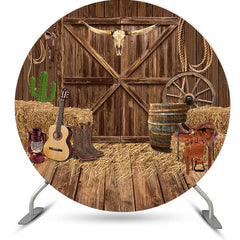 Aperturee - Western Cowboy Wooden Barn Round Birthday Backdrop