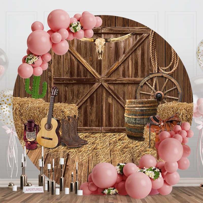 Aperturee - Western Cowboy Wooden Barn Round Birthday Backdrop