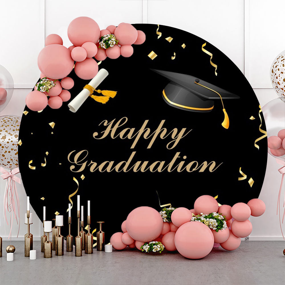 Aperturee - Gold Ribbon Bachelor Cap Black Round Graduation Backdrop