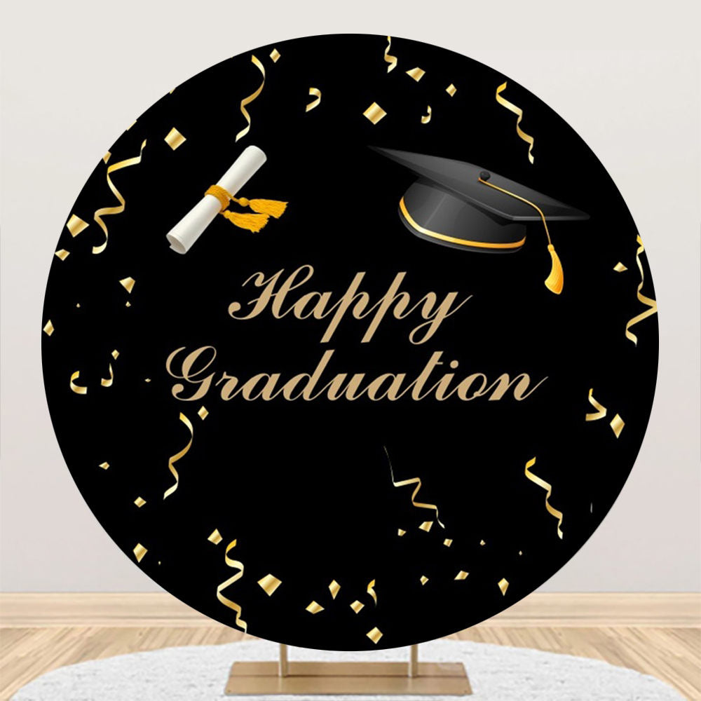 Aperturee - Gold Ribbon Bachelor Cap Black Round Graduation Backdrop