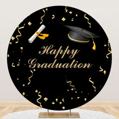 Aperturee - Gold Ribbon Bachelor Cap Black Round Graduation Backdrop