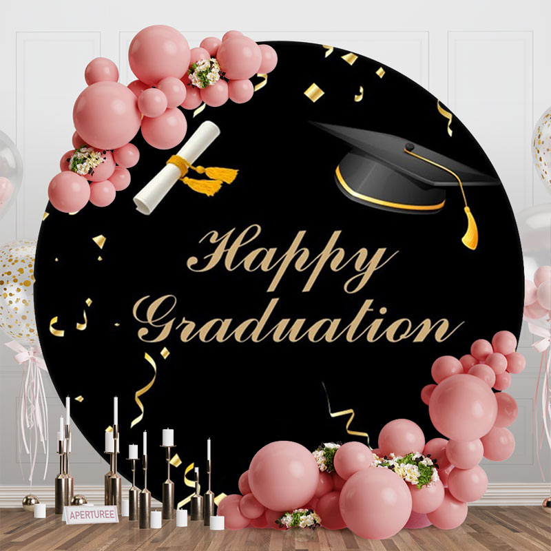 Aperturee - Gold Ribbon Bachelor Cap Black Round Graduation Backdrop