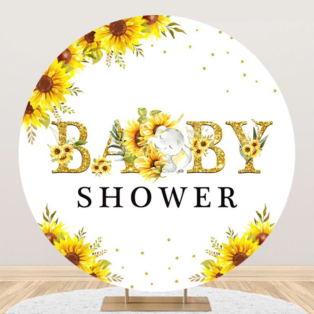 Aperturee - Sunflower Elephant White Round Baby Shower Backdrop