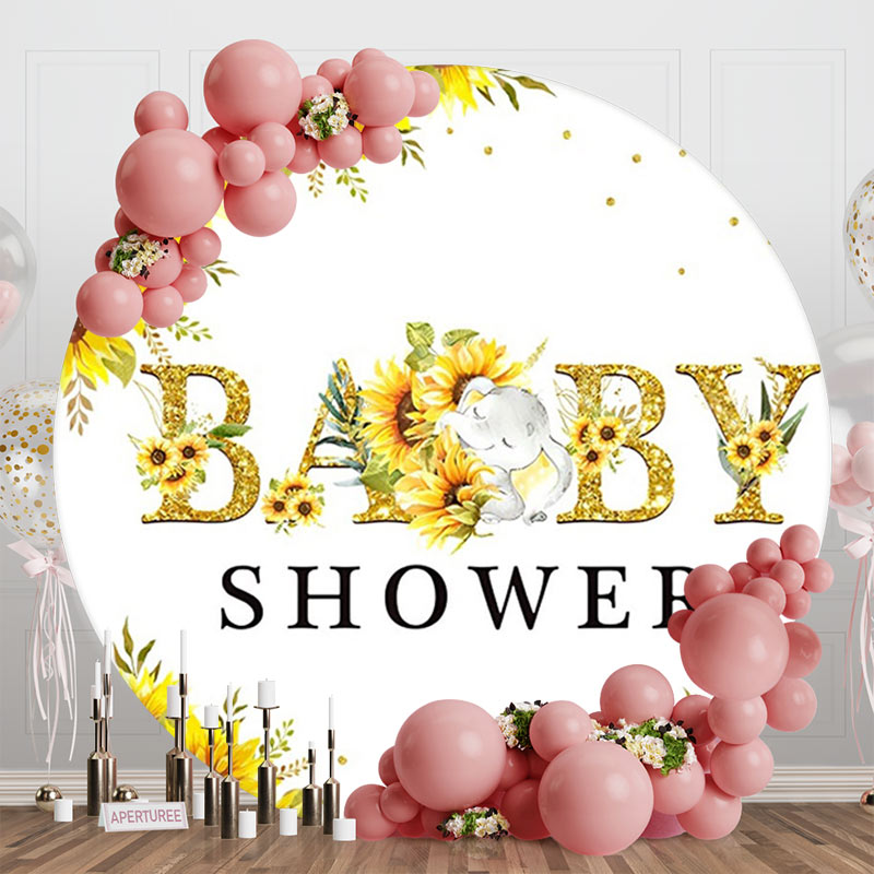 Aperturee - Sunflower Elephant White Round Baby Shower Backdrop