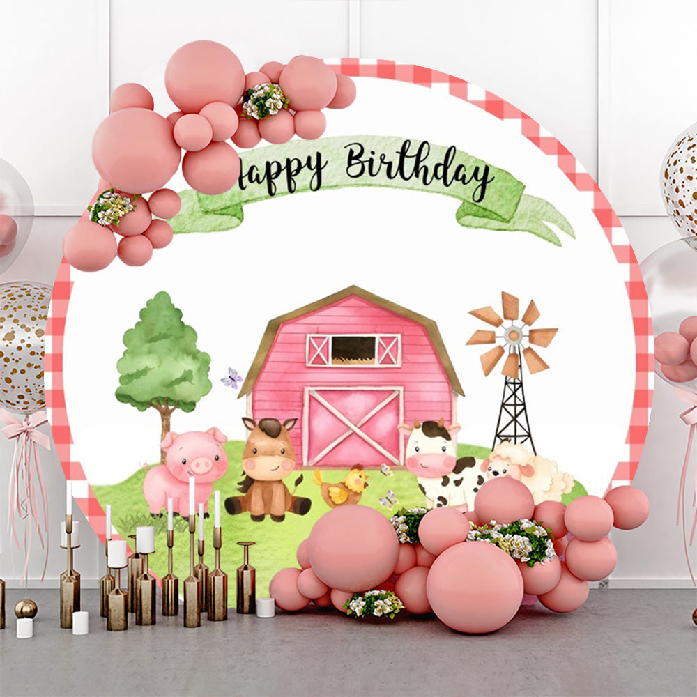 Aperturee - Cartoon Farm Animals Grass Round Birthday Backdrop