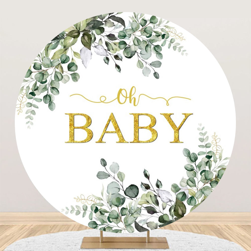 Aperturee - Green Leaves Boho White Round Baby Shower Backdrop