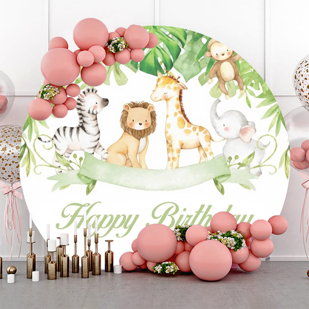 Aperturee - Cartoon Forest Animals Round Happy Birthday Backdrop