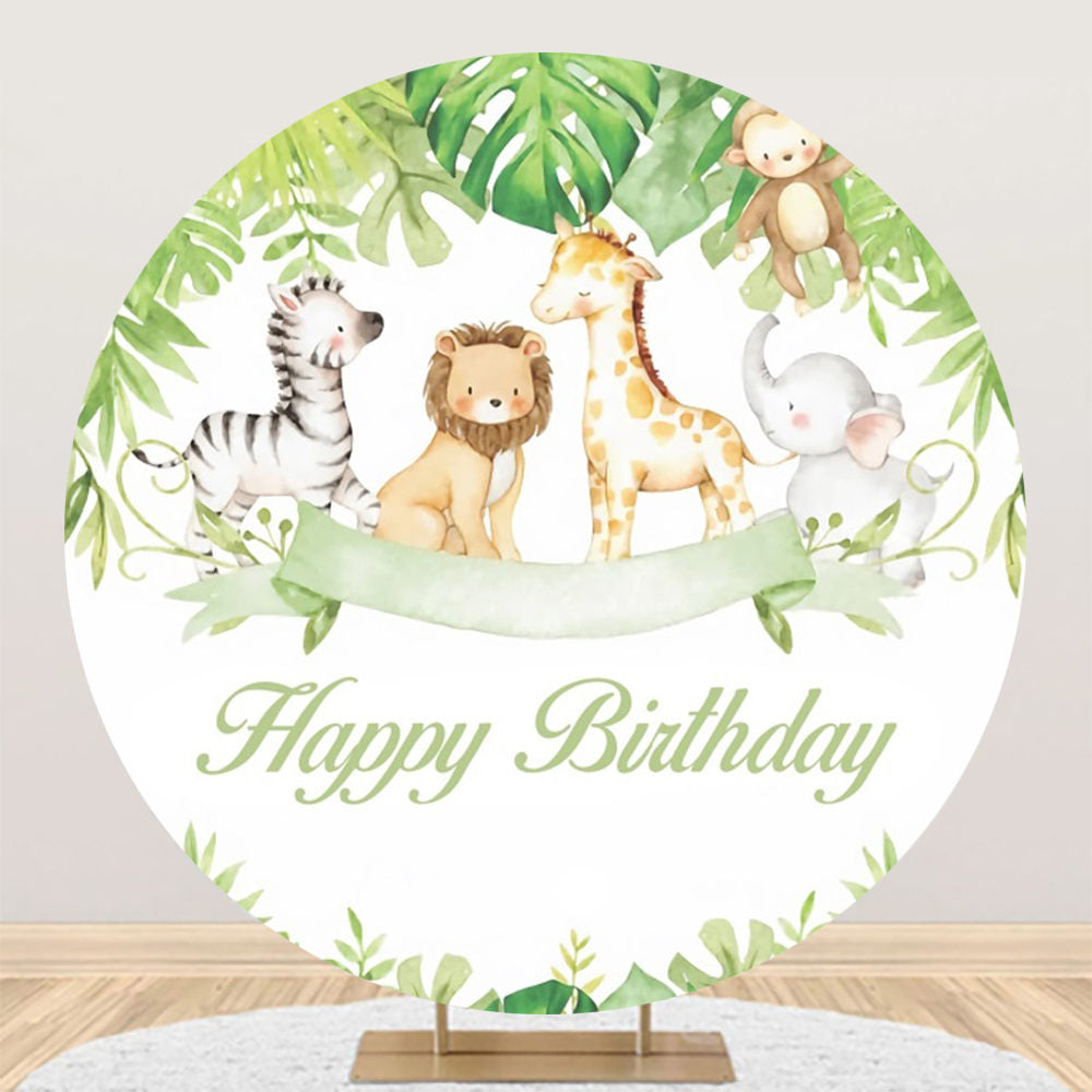 Aperturee - Cartoon Forest Animals Round Happy Birthday Backdrop