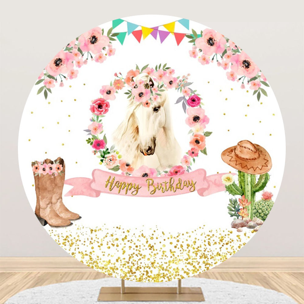 Aperturee - Rustic Cowboy Horse Flower Round Birthday Backdrop