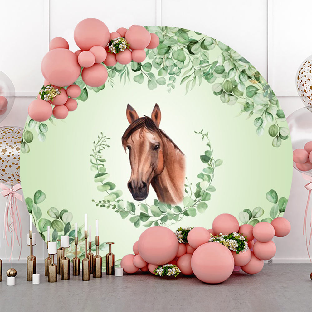 Aperturee - Green Leaves Horse Round Baby Shower Backdrop For Boy