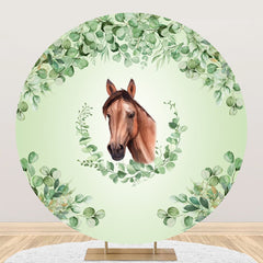 Aperturee - Green Leaves Horse Round Baby Shower Backdrop For Boy