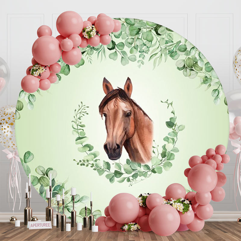 Aperturee - Green Leaves Horse Round Baby Shower Backdrop For Boy