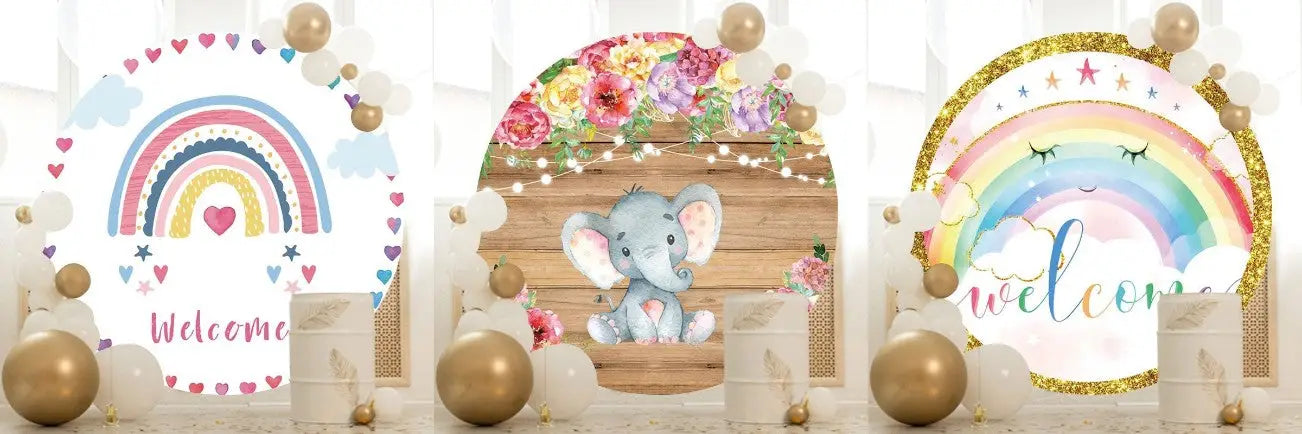 Pink Floral And Elephant Round Wood Baby Shower Backdrop-Aperturee