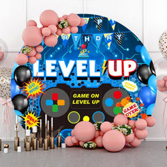 Aperturee - Level Up Gamepad Balloon Blue Round Birthday Backdrop