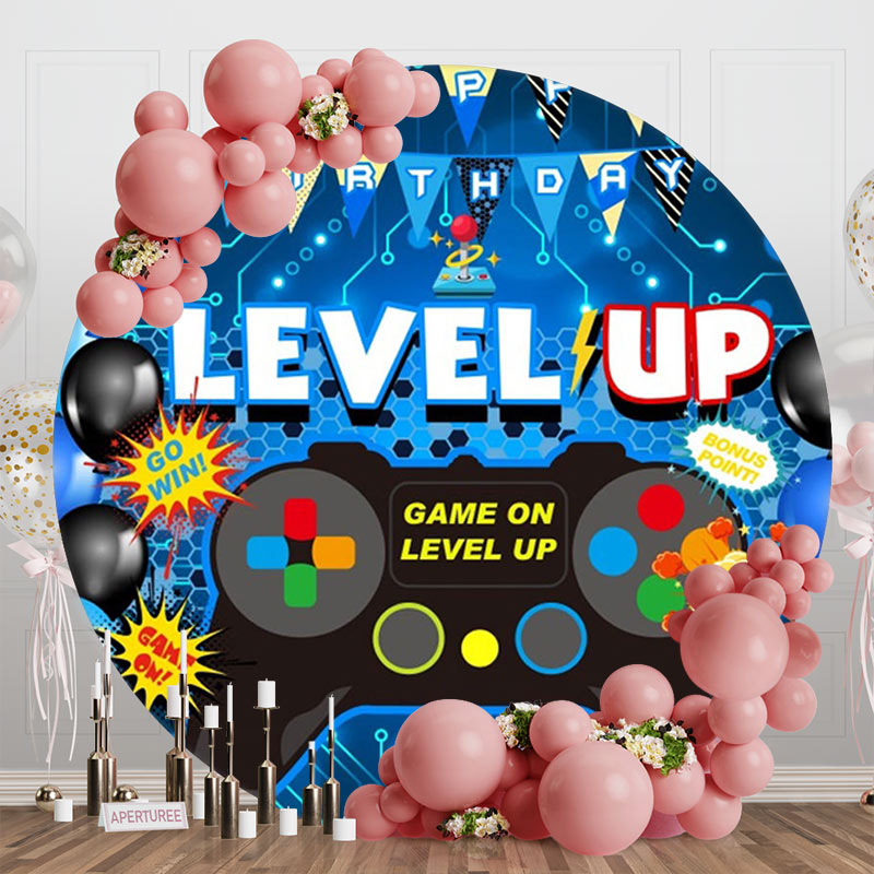 Aperturee - Level Up Gamepad Balloon Blue Round Birthday Backdrop