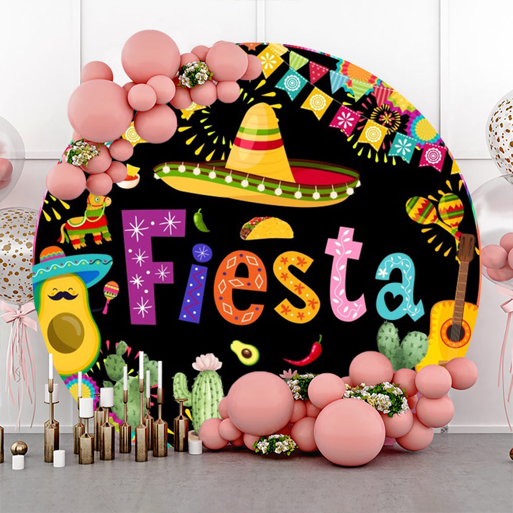 Aperturee - Colorful Cactus Flag Round Mexican Fiesta Backdrop