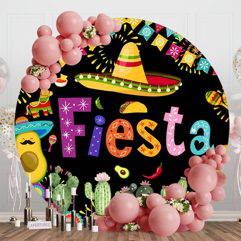 Aperturee - Colorful Cactus Flag Round Mexican Fiesta Backdrop