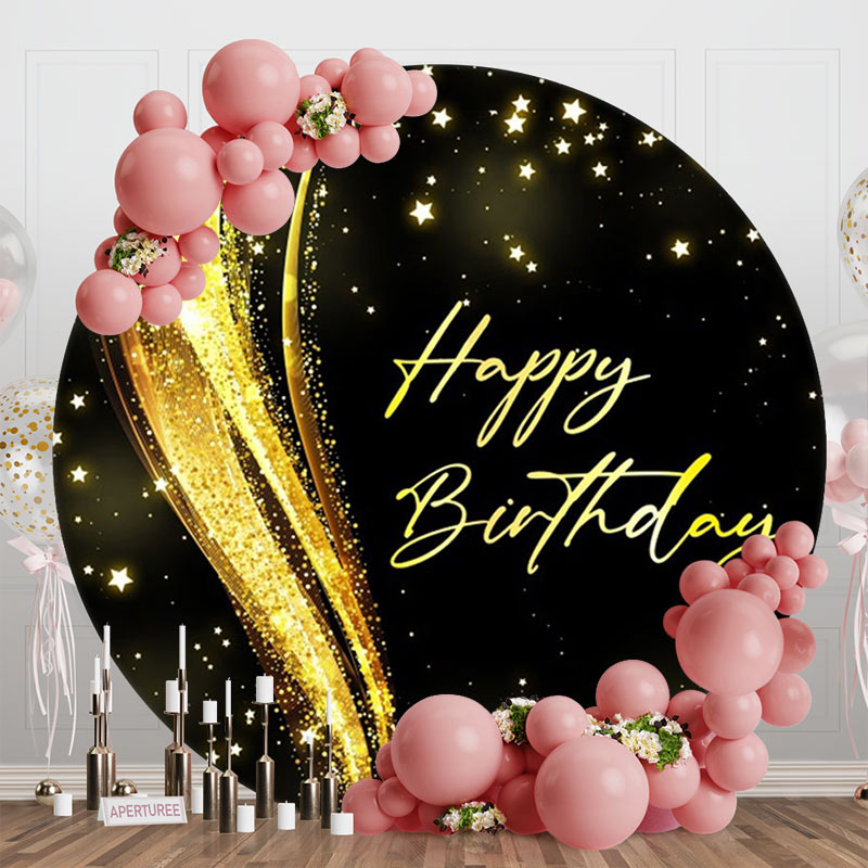 Aperturee - Round Gold Glitter Star Ribbon Birthday Backdrop