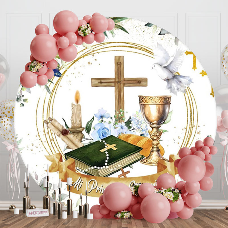 Aperturee - Floral Cross Dove Holy Grail Round Baptism Backdrop