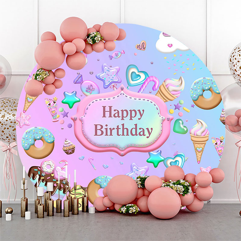 Aperturee - Aperturee Round Pink Blue Candyland Happy Birthday Backdrop