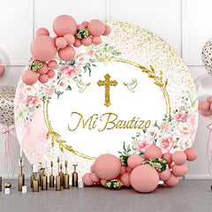 Aperturee - Aperturee Floral Gold Cross Mi Bautizo Round Baptism Backdrop