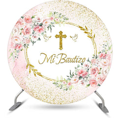 Aperturee - Aperturee Floral Gold Cross Mi Bautizo Round Baptism Backdrop